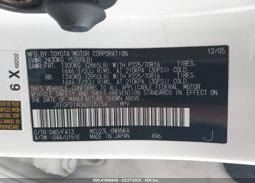2006 TOYOTA HIGHLANDER VIN: JTEGP21A060105154