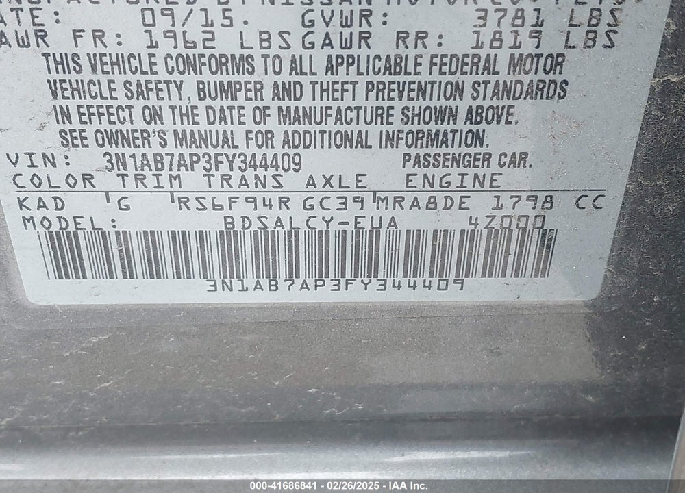 2015 NISSAN SENTRA VIN: 3N1AB7AP3FY344409