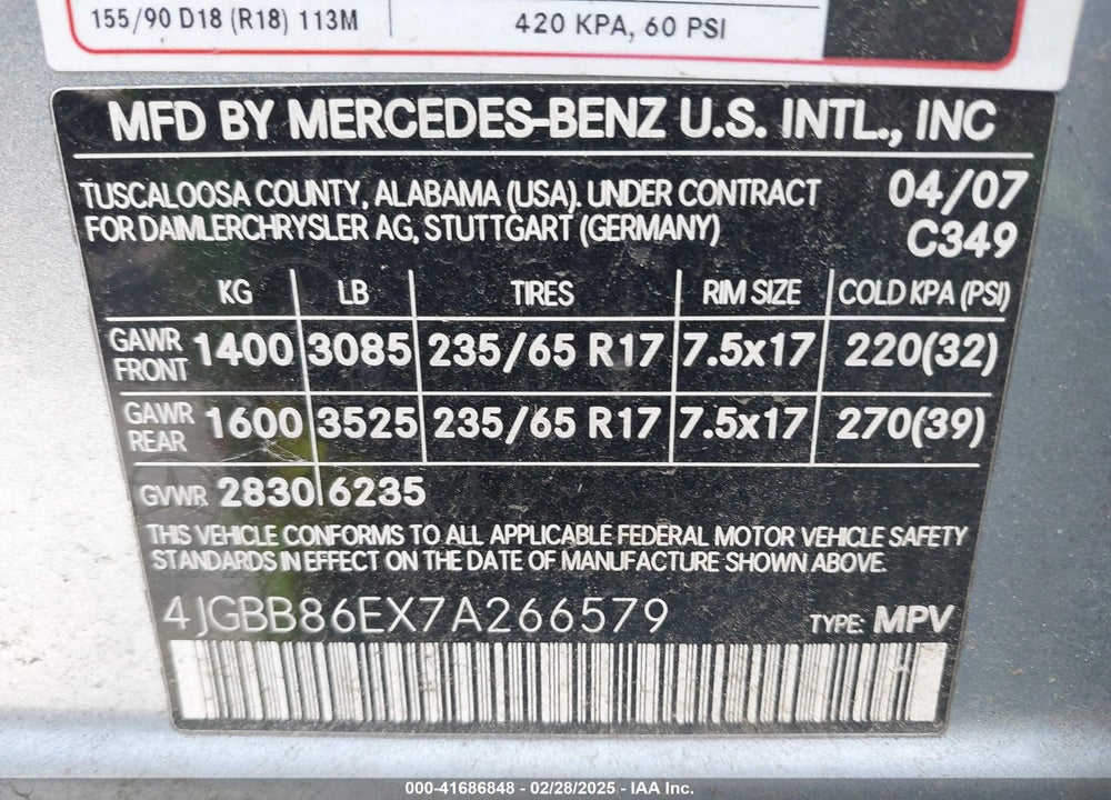 2007 MERCEDES-BENZ ML 350 4MATIC VIN: 4JGBB86EX7A266579