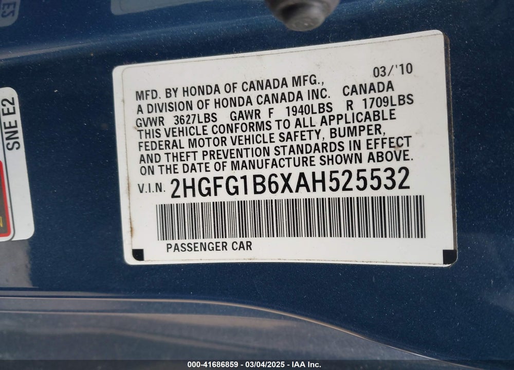 2010 HONDA CIVIC LX VIN: 2HGFG1B6XAH525532