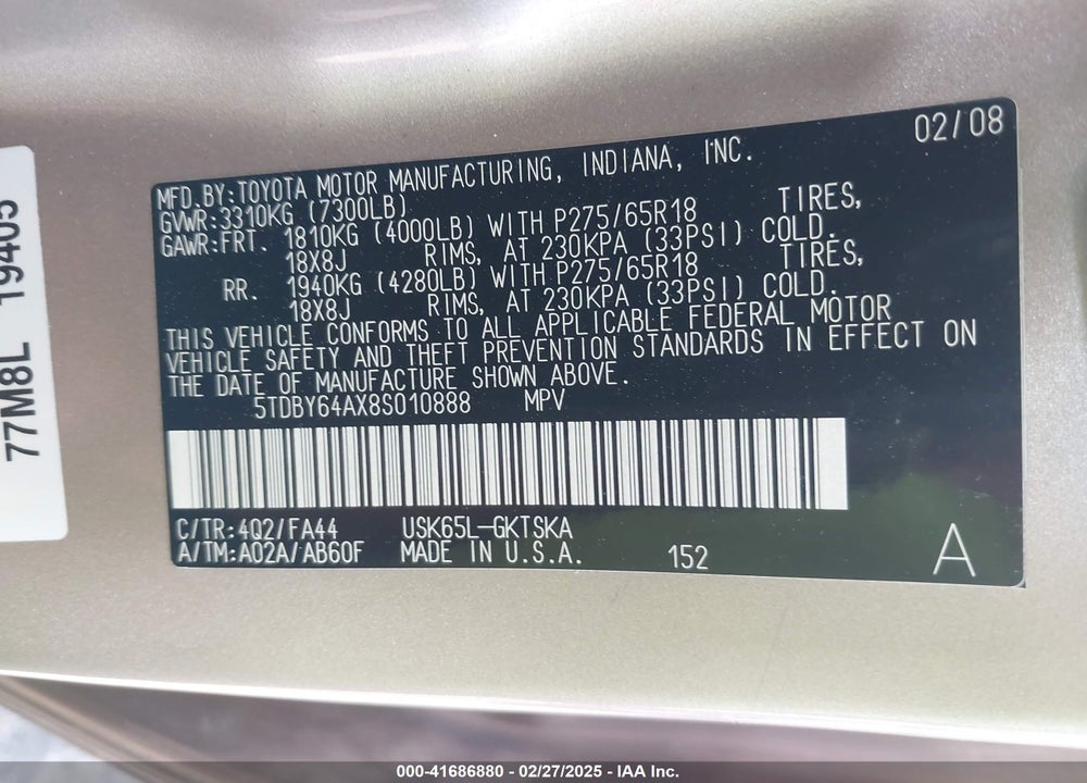 2008 TOYOTA SEQUOIA VIN: 5TDBY64AX8S010888