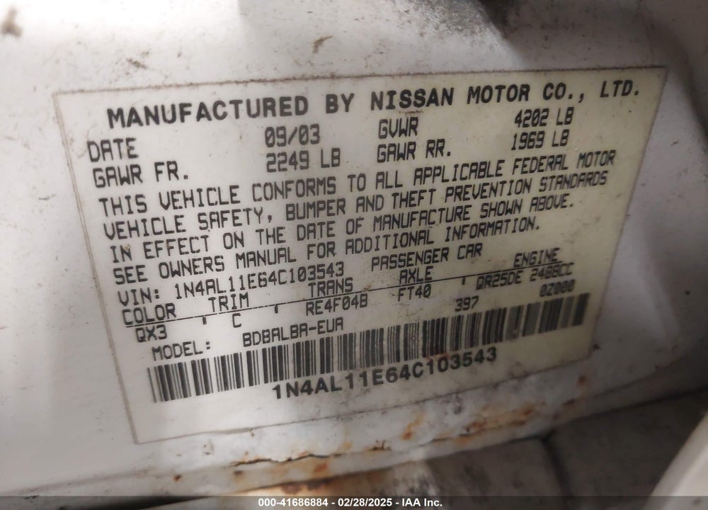 2004 NISSAN ALTIMA 2.5 S VIN: 1N4AL11E64C103543