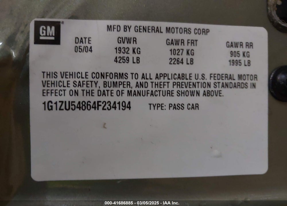 2004 CHEVROLET MALIBU LT VIN: 1G1ZU54864F234194
