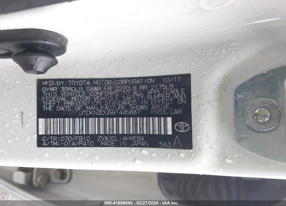 2011 TOYOTA PRIUS VIN: JTDKN3DU5B1445887