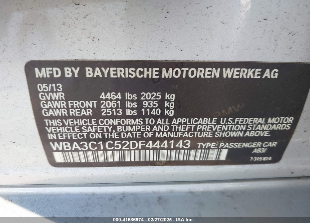 2013 BMW 328I VIN: WBA3C1C52DF444143