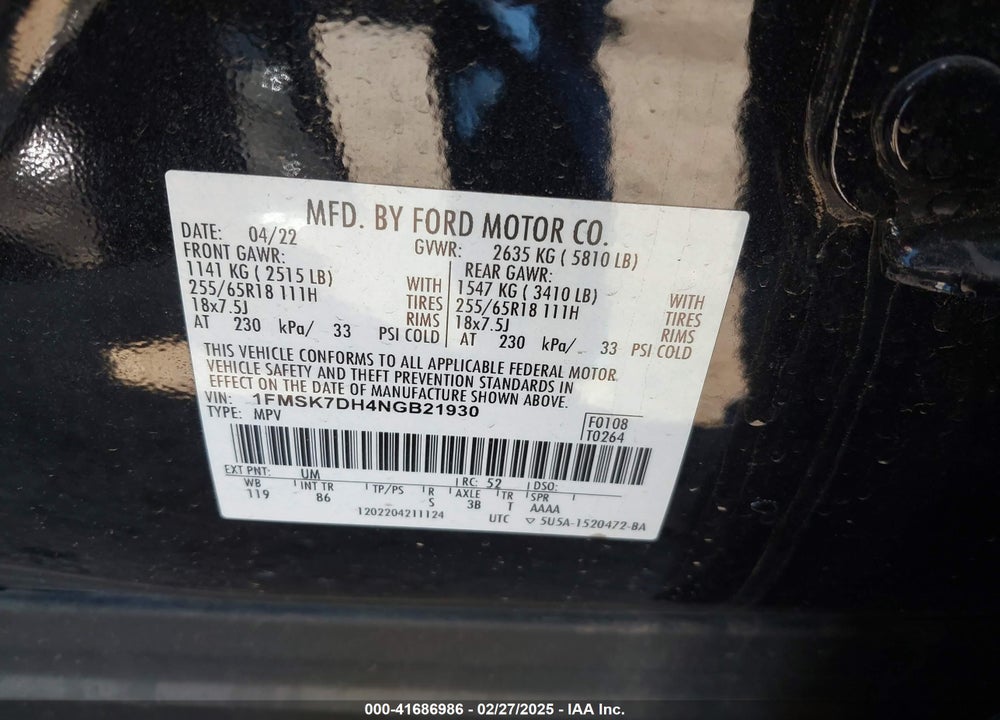 2022 FORD EXPLORER VIN: 1FMSK7DH4NGB21930