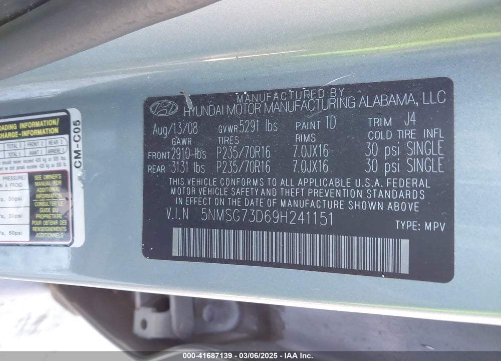 2009 HYUNDAI SANTA FE VIN: 5NMSG73D69H241151