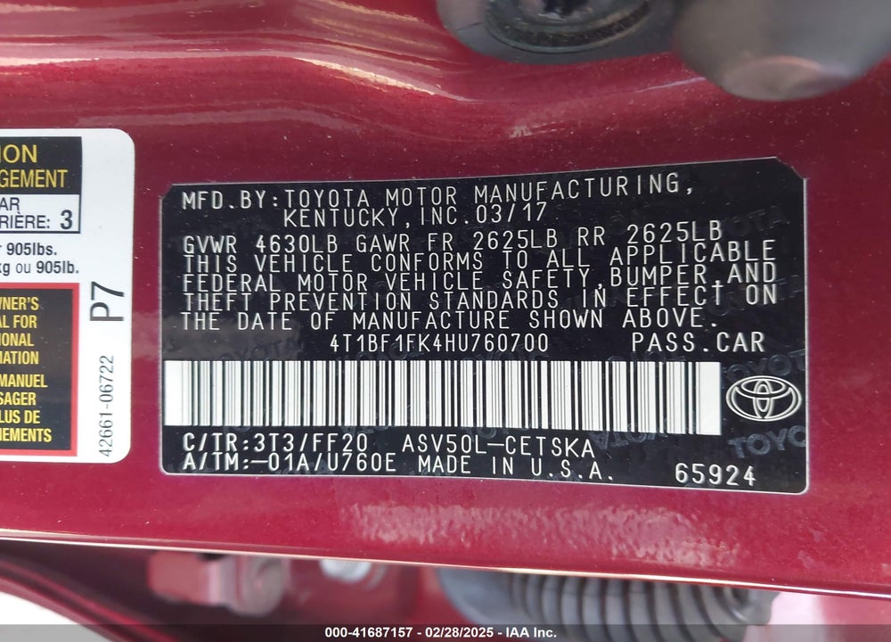 2017 TOYOTA CAMRY SE VIN: 4T1BF1FK4HU760700