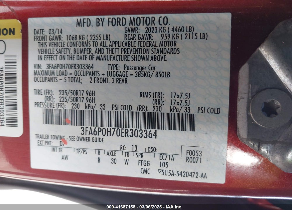 2014 FORD FUSION VIN: 3FA6P0H70ER303364