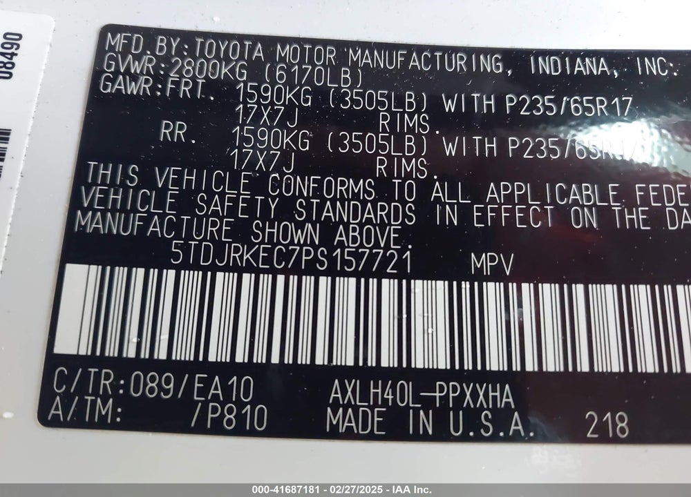 2023 TOYOTA SIENNA XLE VIN: 5TDJRKEC7PS157721