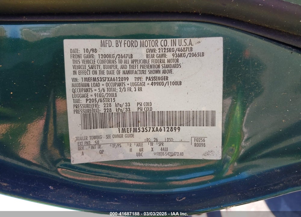 1999 MERCURY SABLE LS VIN: 1MEFM53S7XA612899