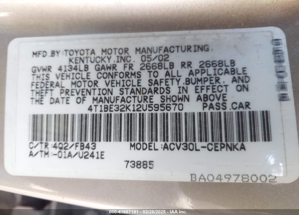 2002 TOYOTA CAMRY LE VIN: 4T1BE32K12U595670