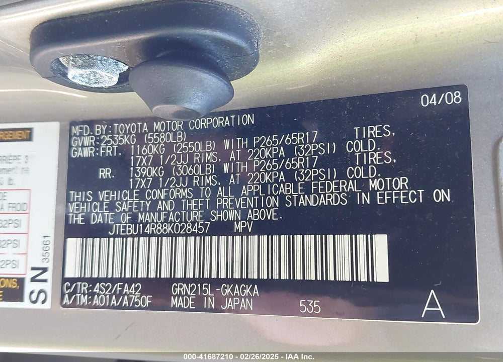 2008 TOYOTA 4RUNNER SR5 V6 VIN: JTEBU14R88K028457