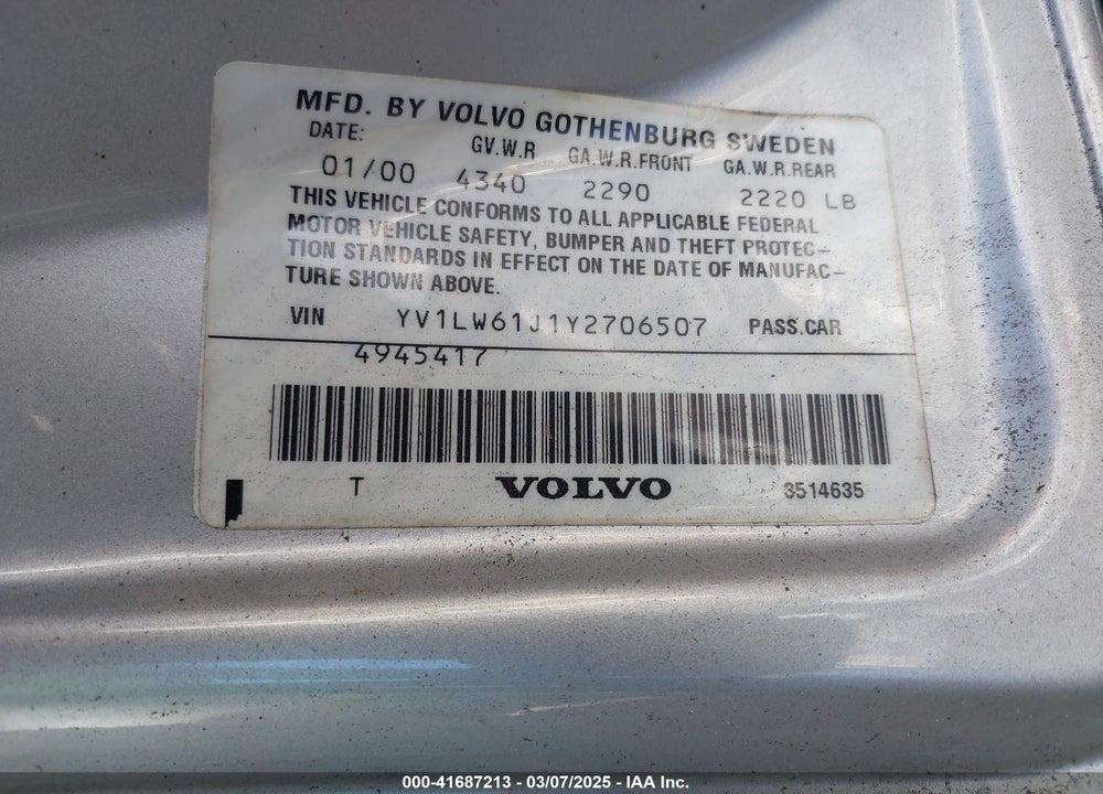 2000 VOLVO V70 VIN: YV1LW61J1Y2706507