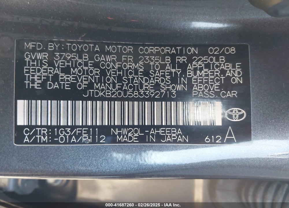 2008 TOYOTA PRIUS VIN: JTDKB20U583392713