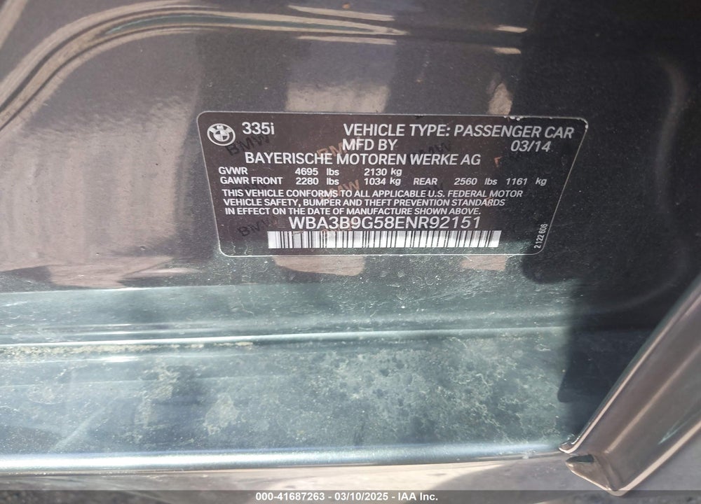 2014 BMW 335I XDRIVE VIN: WBA3B9G58ENR92151