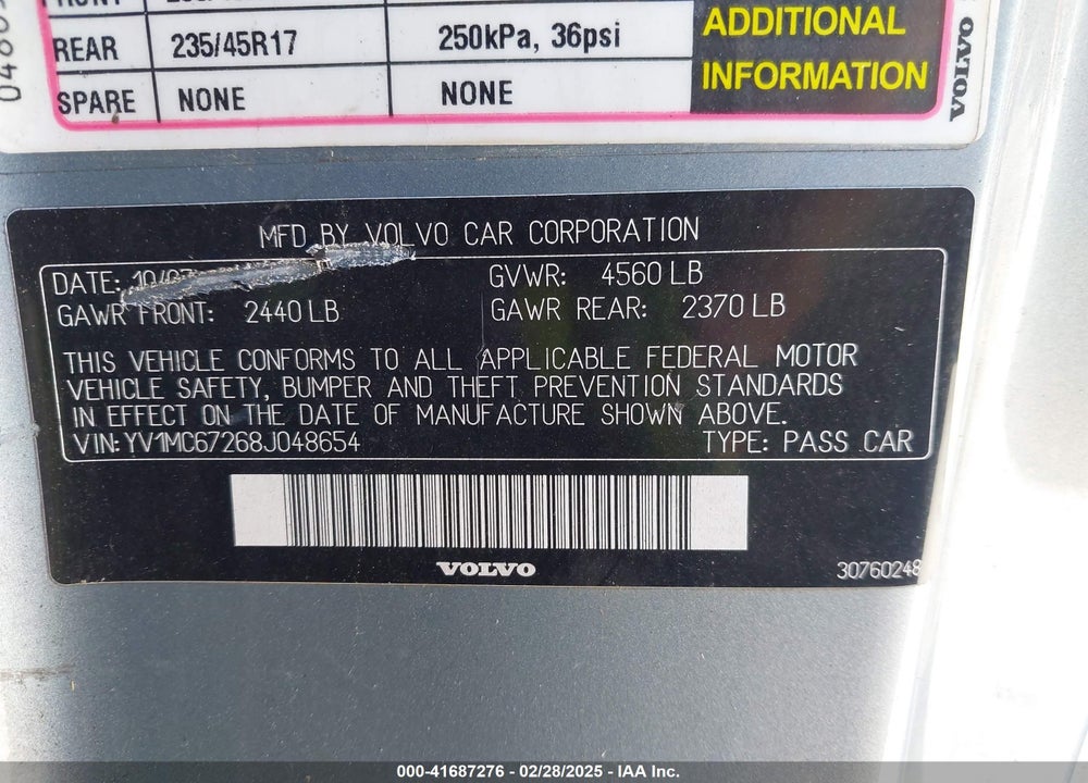 2008 VOLVO C70 T5 VIN: YV1MC67268J048654