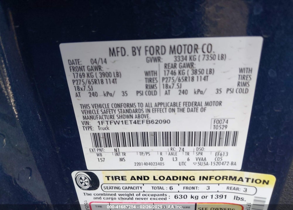2014 FORD F-150 VIN: 1FTFW1ET4EFB62090