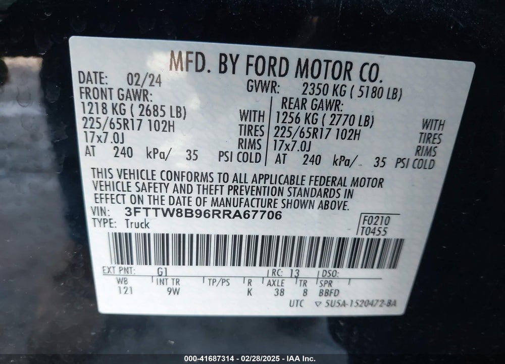 2024 FORD MAVERICK VIN: 3FTTW8B96RRA67706