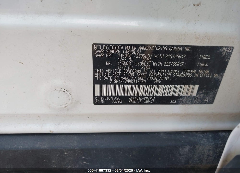 2024 TOYOTA RAV4 VIN: 2T3P1RFV9RC447150