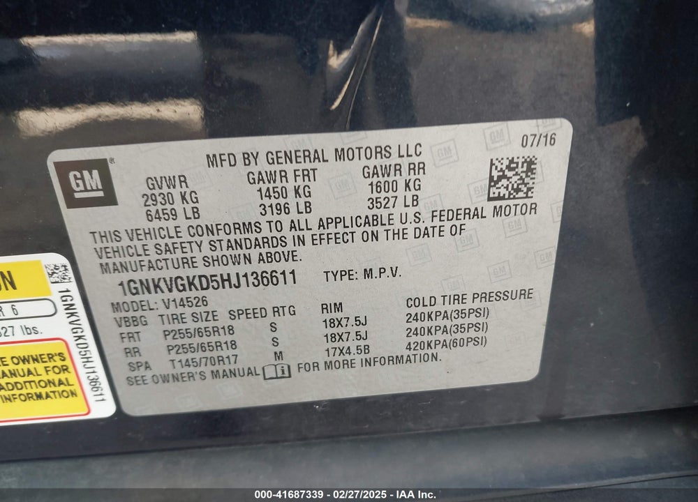 2017 CHEVROLET TRAVERSE 1LT VIN: 1GNKVGKD5HJ136611