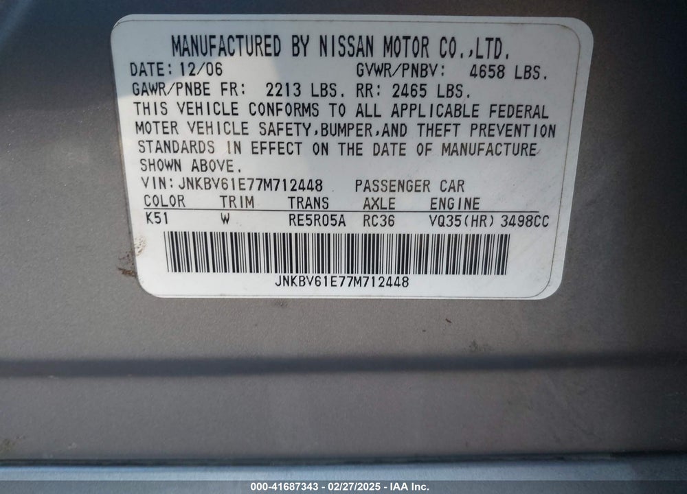 2007 INFINITI G35 JOURNEY VIN: JNKBV61E77M712448