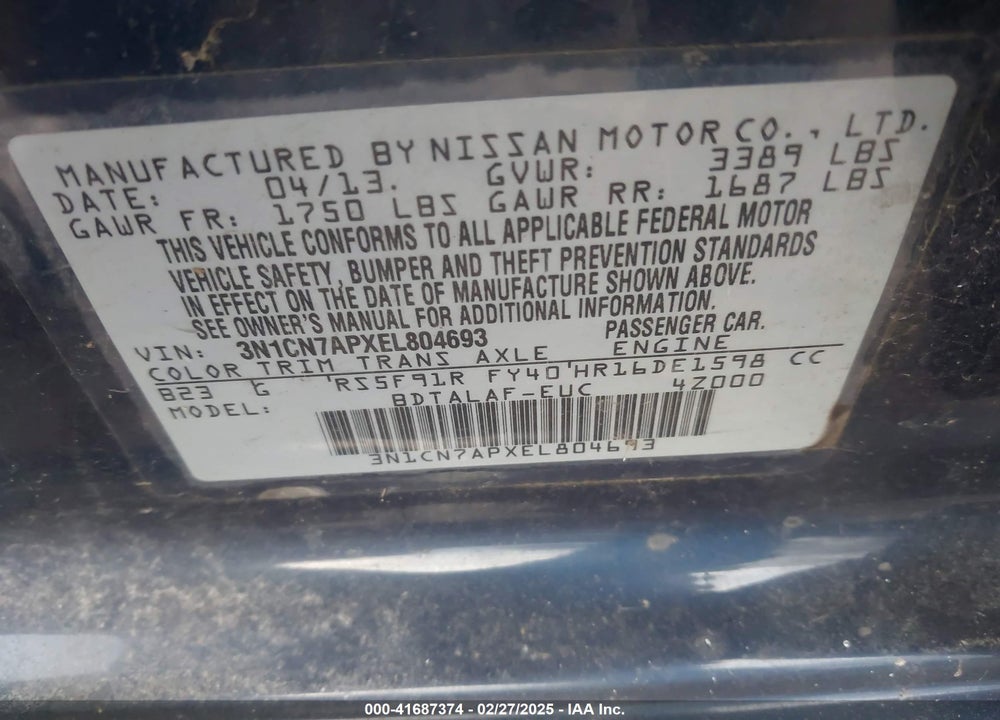 2014 NISSAN VERSA VIN: 3N1CN7APXEL804693
