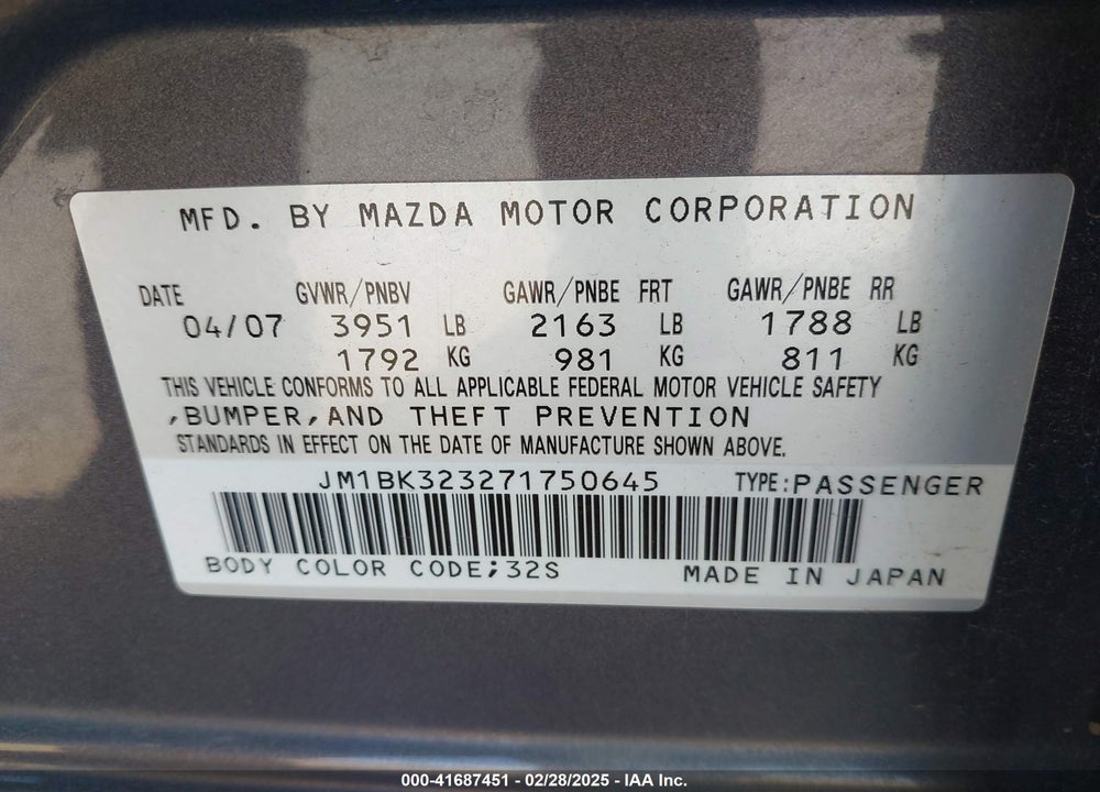 2007 MAZDA 3 S GRAND TOURING VIN: JM1BK323271750645