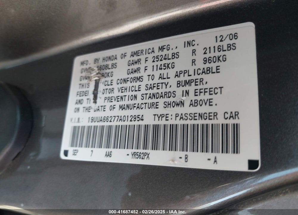 2007 ACURA TL VIN: 19UUA66277A012954
