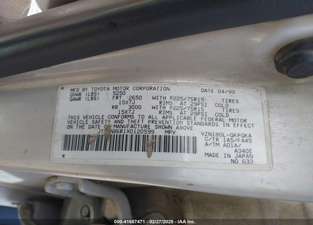 1999 TOYOTA 4RUNNER VIN: JT3GN86R1X0120599
