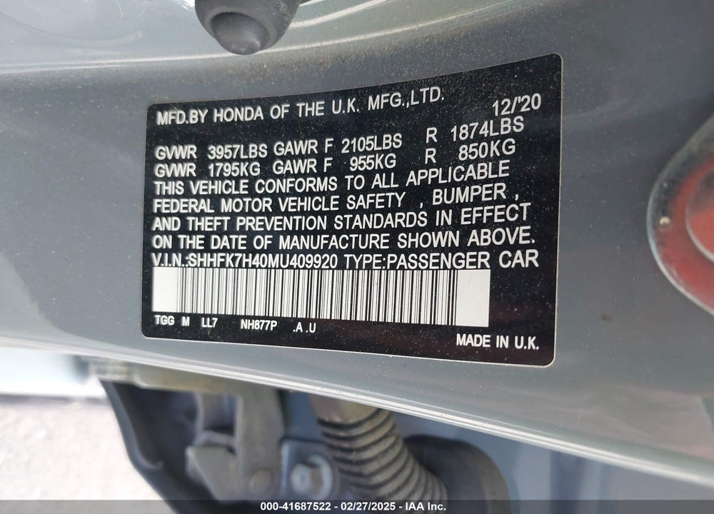 2021 HONDA CIVIC VIN: SHHFK7H40MU409920