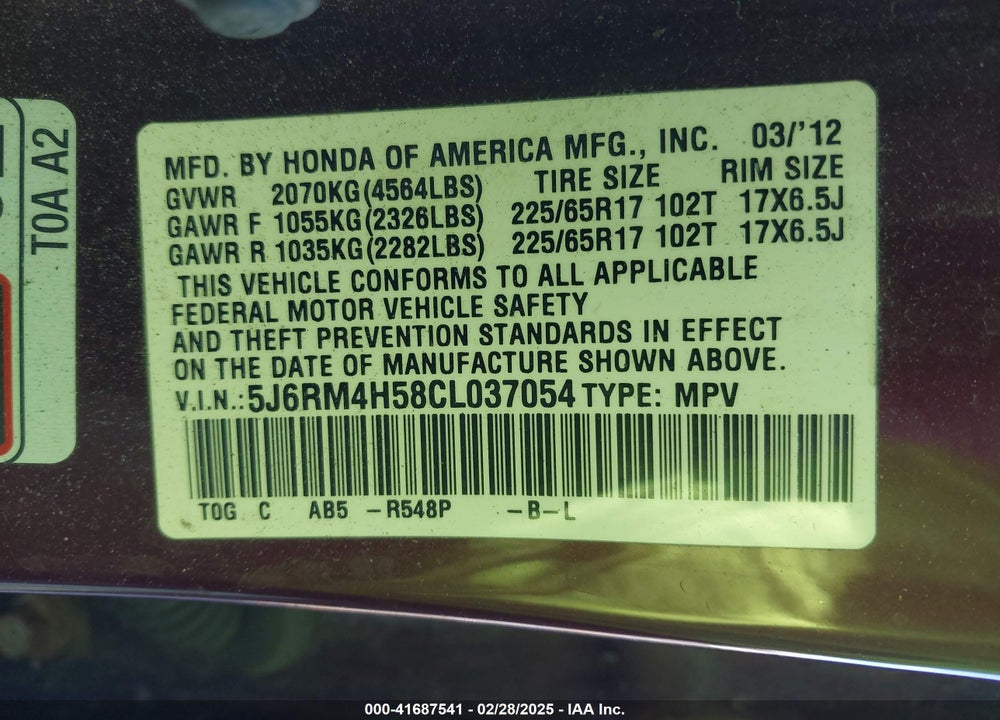 2012 HONDA CR-V EX VIN: 5J6RM4H58CL037054
