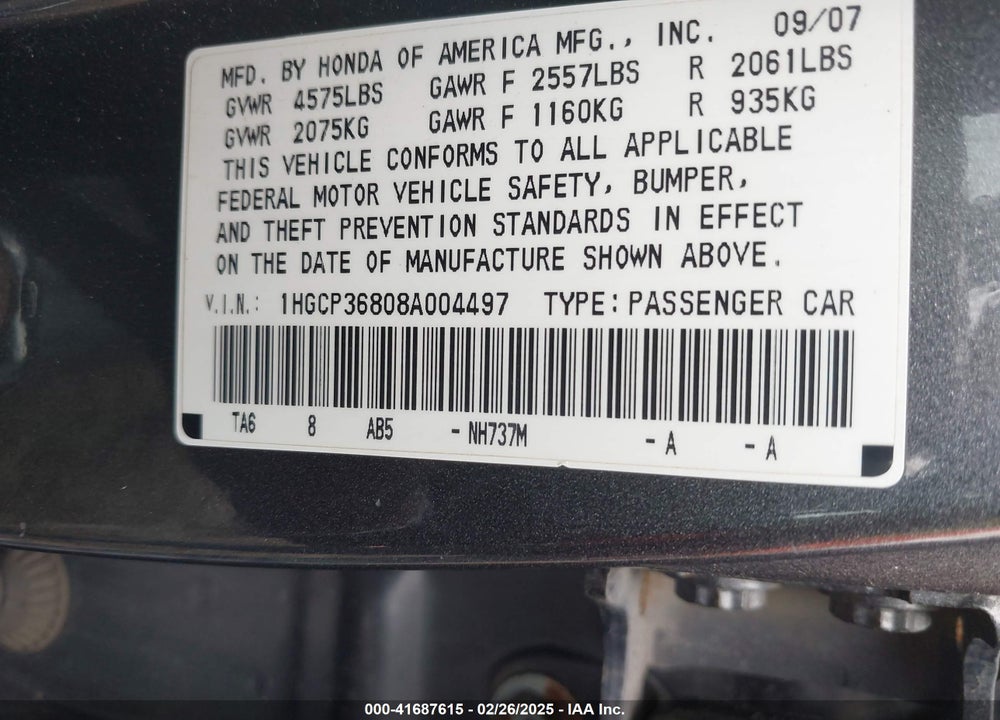 2008 HONDA ACCORD 3.5 EX-L VIN: 1HGCP36808A004497