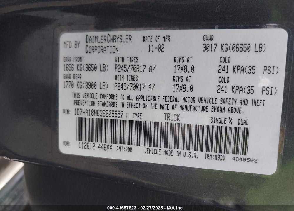 2003 DODGE RAM 1500 VIN: 1D7HA18N63S209957