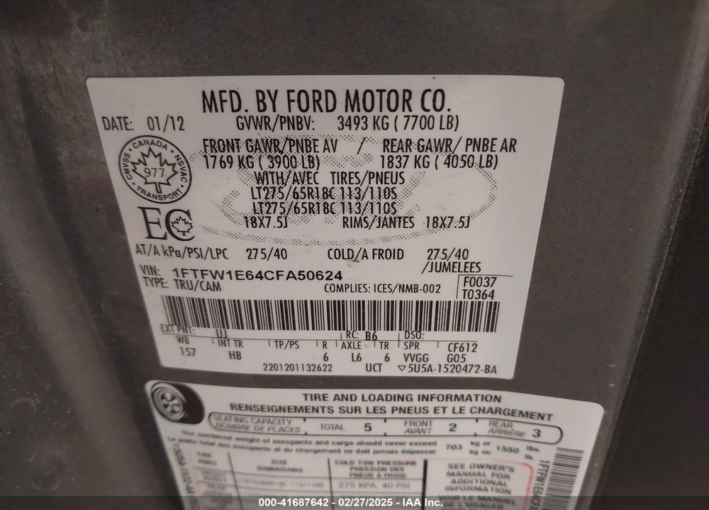 2012 FORD F-150 VIN: 1FTFW1E64CFA50624