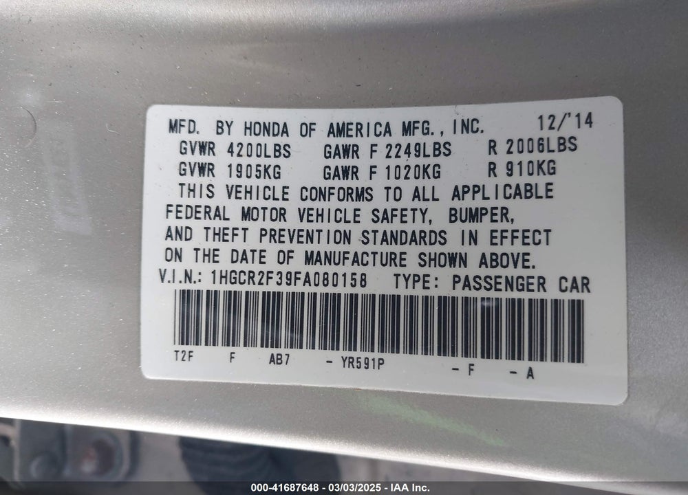 2015 HOND ACCORD SEDAN LX W/CO VIN: 1HGCR2F39FA080158