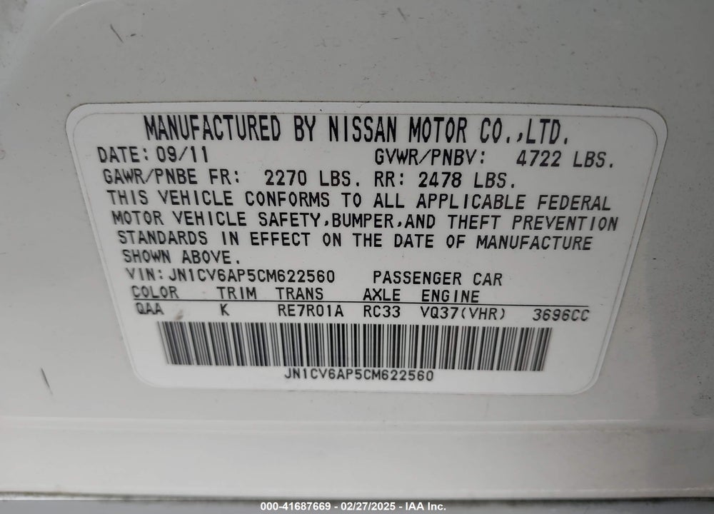 2012 INFINITI G37 VIN: JN1CV6AP5CM622560