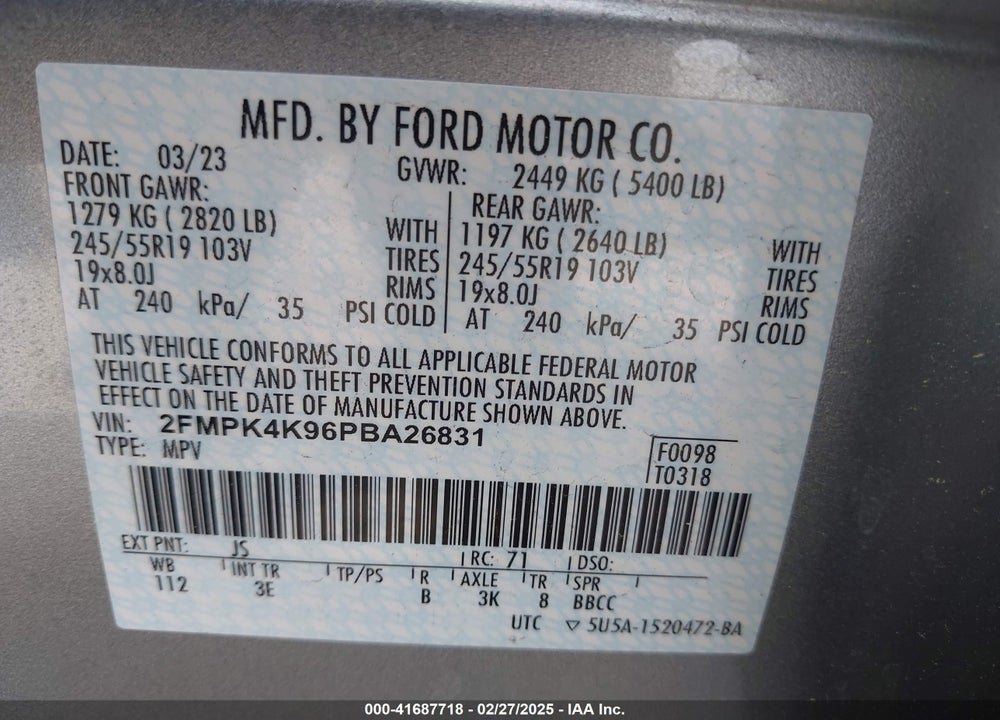 2023 FORD EDGE VIN: 2FMPK4K96PBA26831