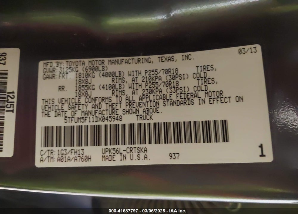 2013 TOYOTA TUNDRA VIN: 5TFUM5F11DX045948