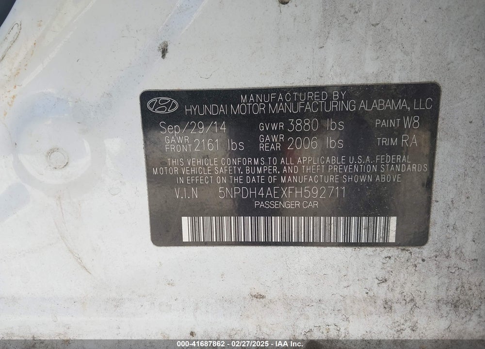 2015 HYUNDAI ELANTRA VIN: 5NPDH4AEXFH592711