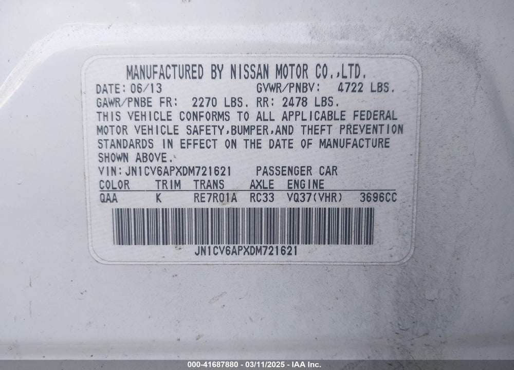2013 INFINITI G37 VIN: JN1CV6APXDM721621