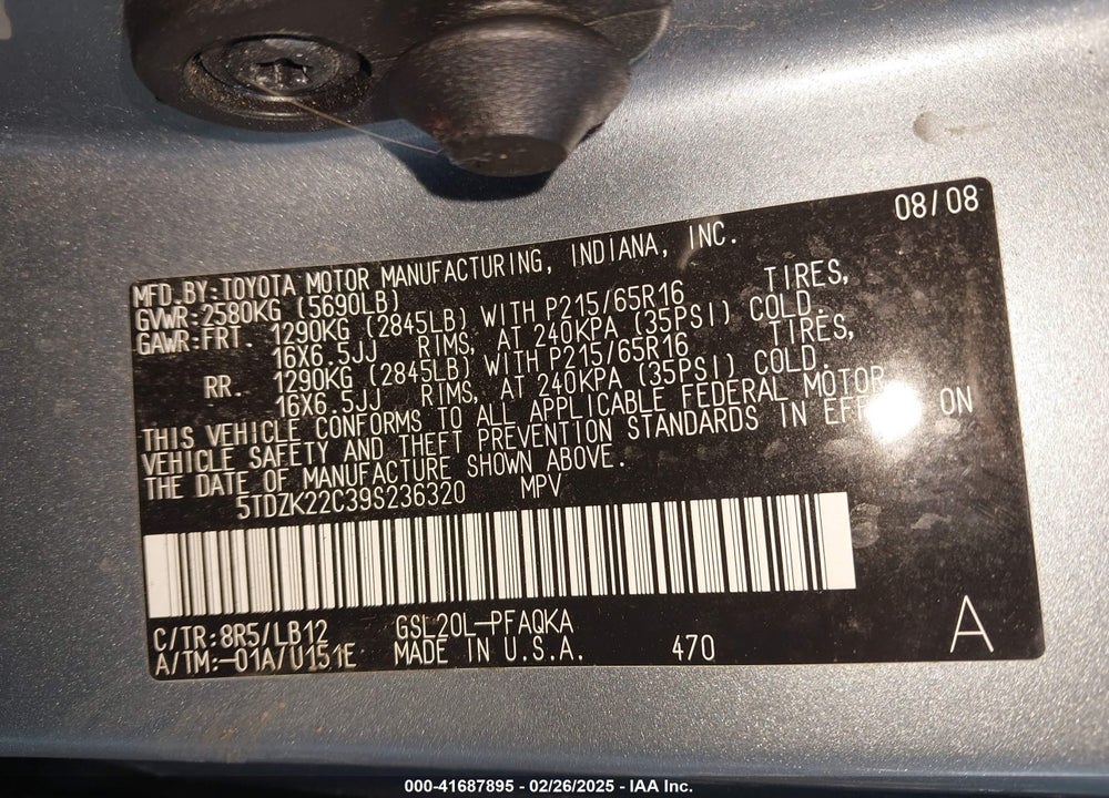 2009 TOYOTA SIENNA XLE VIN: 5TDZK22C39S236320