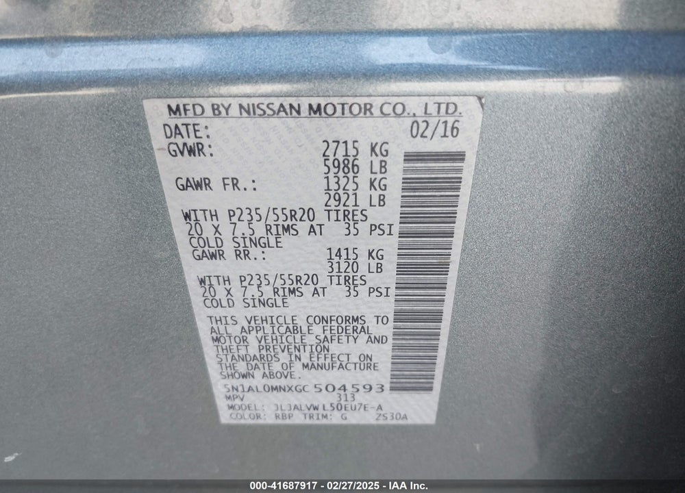 2016 INFINITI QX60 VIN: 5N1AL0MNXGC504593