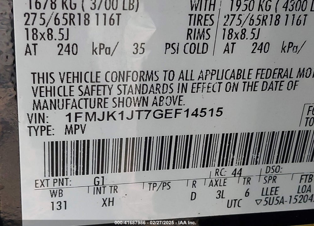 2016 FORD EXPEDITION VIN: 1FMJK1JT7GEF14515