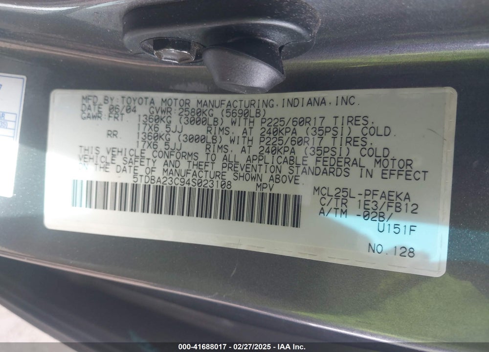 2004 TOYOTA SIENNA LE VIN: 5TDBA23C94S023108