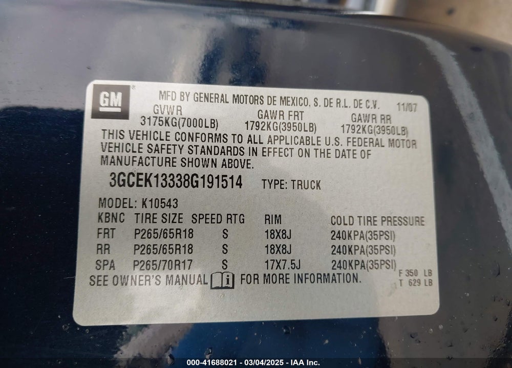 2008 CHEVROLET SILVERADO 1500 VIN: 3GCEK13338G191514