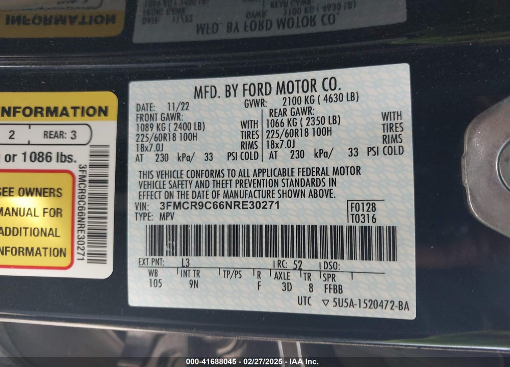 2022 FORD BRONCO SPORT OUTER BANKS VIN: 3FMCR9C66NRE30271