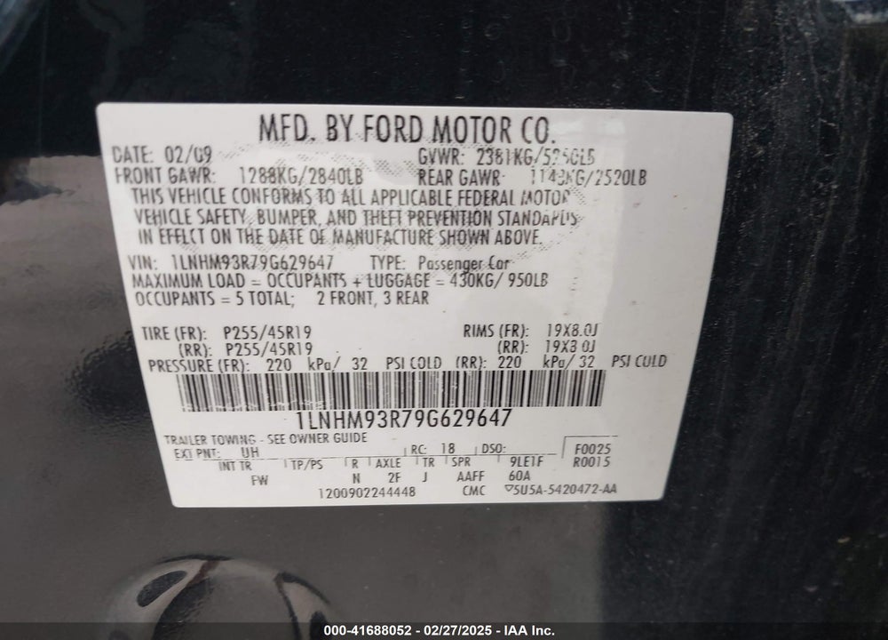 2009 LINCOLN MKS VIN: 1LNHM93R79G629647
