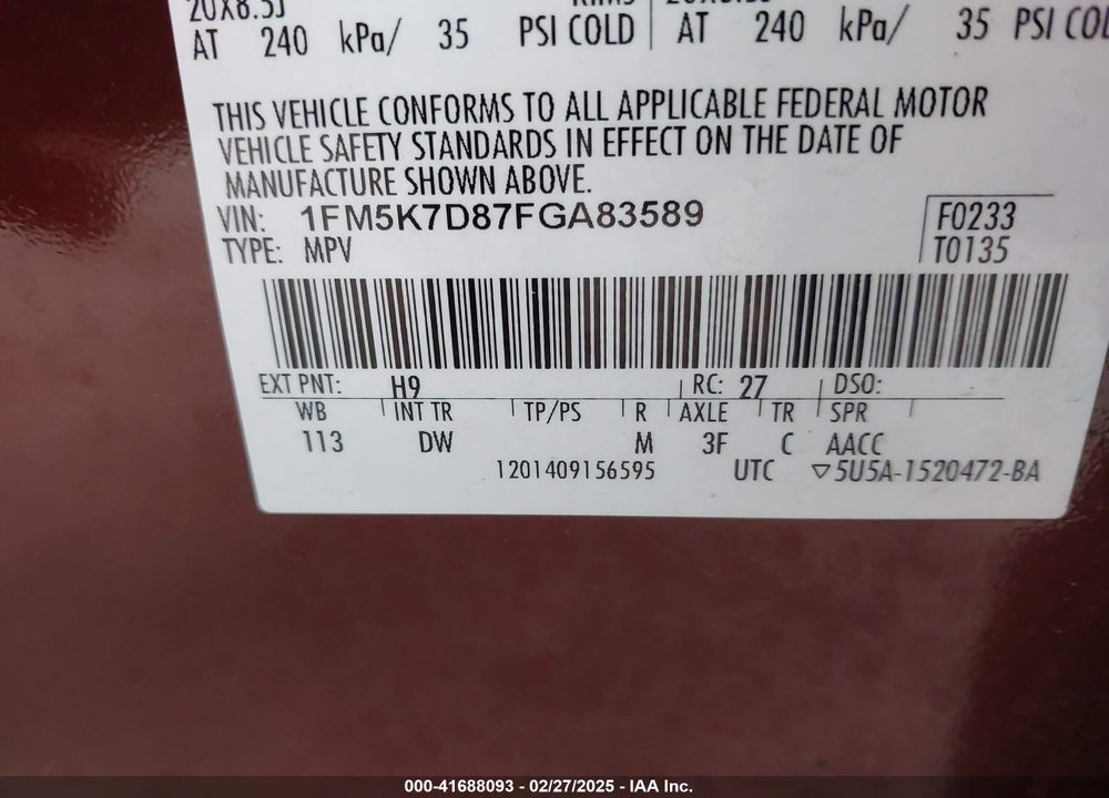 2015 FORD EXPLORER XLT VIN: 1FM5K7D87FGA83589
