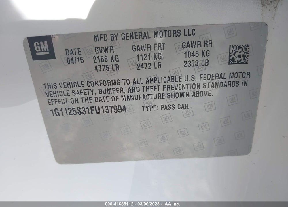 2015 CHEVROLET IMPALA 2LT VIN: 1G1125S31FU137994